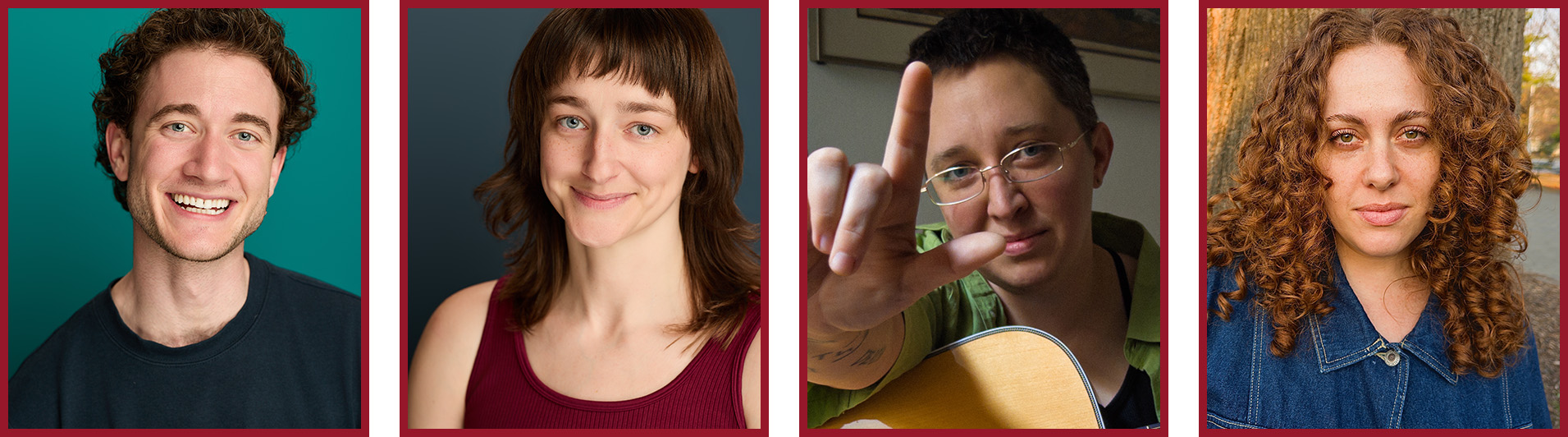 Four portrait headshots arranged side by side. The images show different people photographed against a variety of colorful studio and casual backgrounds.