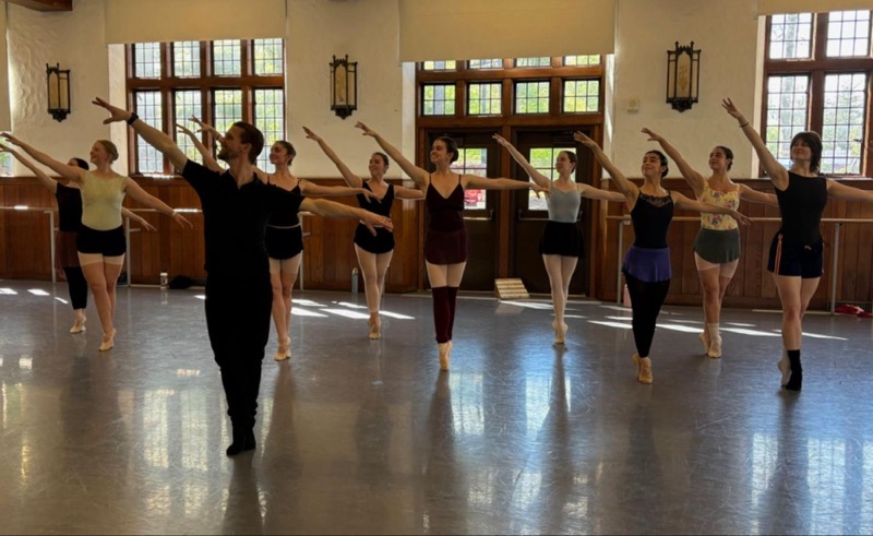 A group of dancers stands in a studio with a polished wooden floor, their arms extended gracefully to the sides. They wear a variety of leotards and tights, with some wearing ballet slippers, while others showcase footed tights. Natural light streams through large windows, illuminating the space and casting soft shadows. The wooden walls and decorative light fixtures add warmth to the studio environment, enhancing the atmosphere of the dance practice.