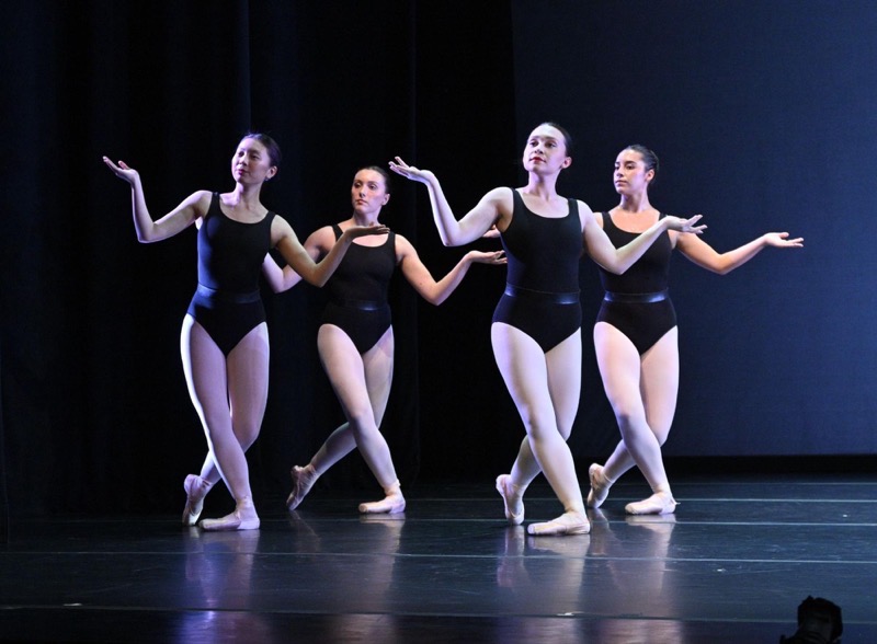 Five dancers stand in a line on a dark stage, each striking a pose with arms extended in varied gestures. They wear black leotards and pink ballet shoes, showcasing their athletic build and poise. The spotlight illuminates the dancers against a black curtain backdrop, highlighting their movements and creating a dramatic contrast. The stage is slick and reflects their forms, adding a visual depth to the composition.
