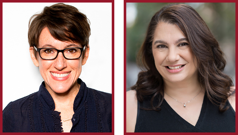 Two portrait headshots side by side. On the left is a person wearing glasses and a dark jacket against a light background. On the right is a person with long dark hair wearing a dark top against a soft outdoor background.