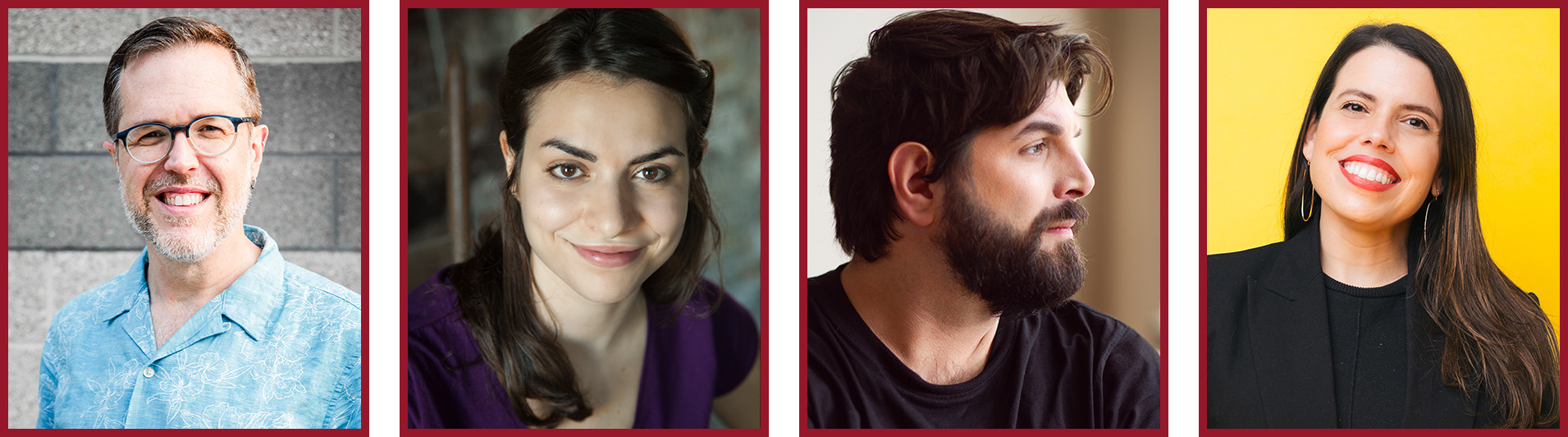 Three portrait headshots arranged side by side. The first shows a person against a light blue background, the second shows a person with facial hair in profile against a dark background, and the third shows a person with long dark hair against a warm yellow background.