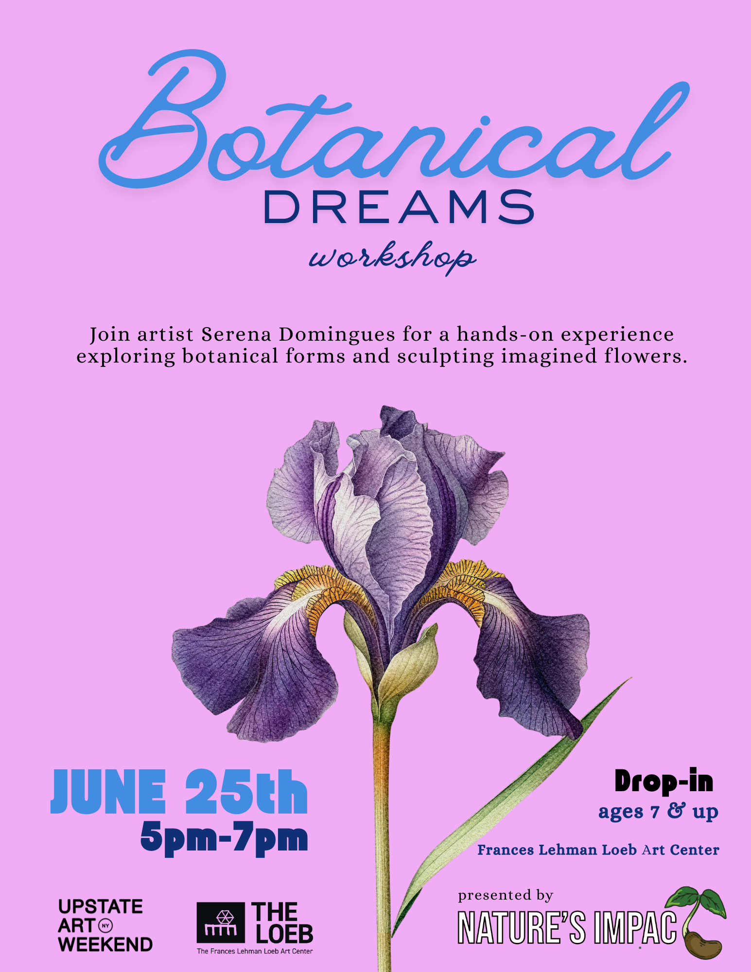 Flyer for Botanical Dreams workshop with drawing of an iris against a pale purple background