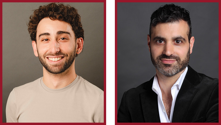 Two portrait headshots side by side. On the left is a person smiling against a neutral background. On the right is a person in formal attire against a dark studio-style background.