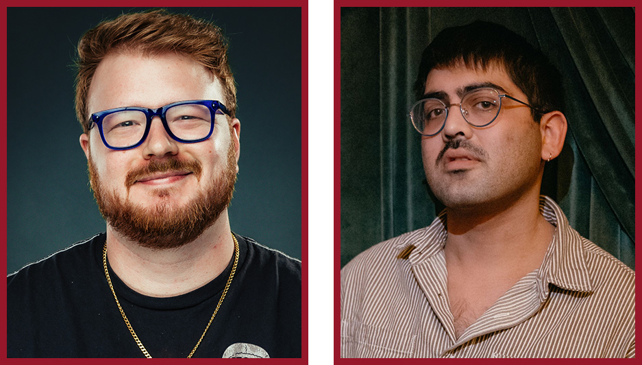 Two portrait headshots side by side. On the left is a person with glasses, facial hair, and short hair wearing a dark shirt. On the right is a person with short dark hair wearing a light-colored collared shirt, looking slightly to the side.