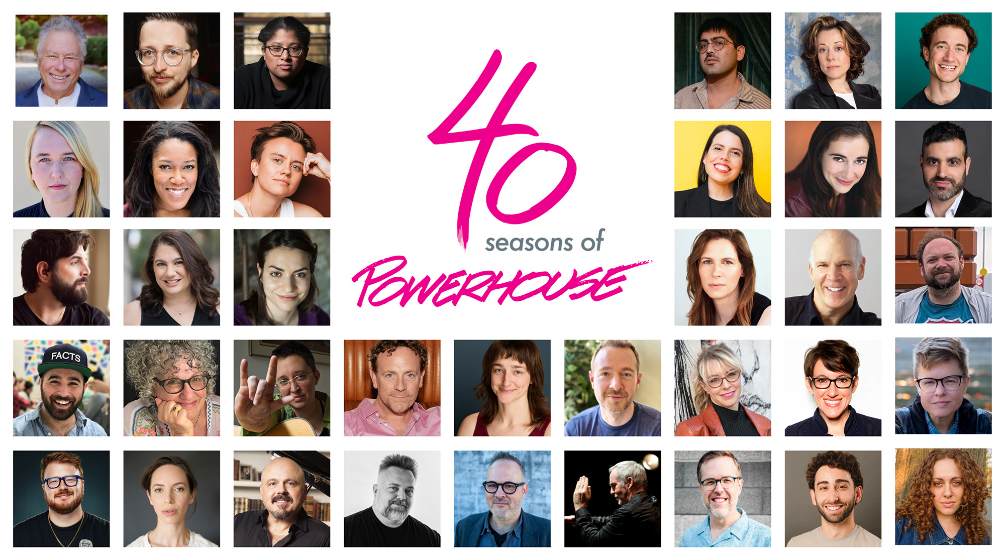 A collage of headshots surrounding a pink “40 seasons of Powerhouse” logo on a light gray background. The image features a grid of theater artists, performers, writers, and directors arranged around the anniversary branding for Powerhouse Theater’s 40th season.