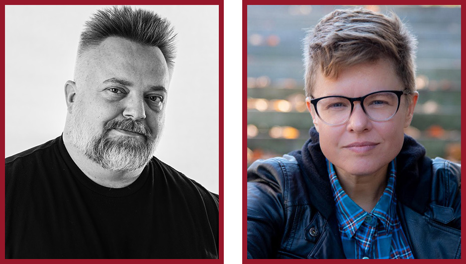 Two portrait headshots side by side. On the left is a person smiling while wearing a dark top against a light background. On the right is a person wearing glasses and a blue collared shirt outdoors.