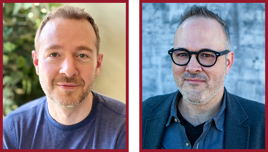 Two portrait headshots side by side. On the left is a person with short hair and facial hair wearing a blue shirt outdoors. On the right is a person with glasses and facial hair wearing a dark collared shirt against a light background.