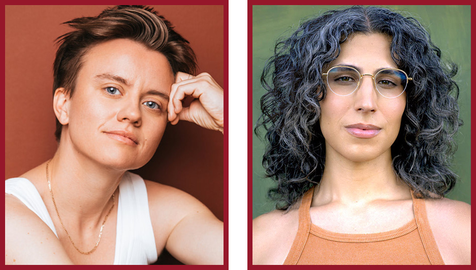 Two side-by-side headshots of two people looking at the camera. The person on the left has short hair and wears a white top. The person on the right has curly dark hair, glasses, and an orange top.