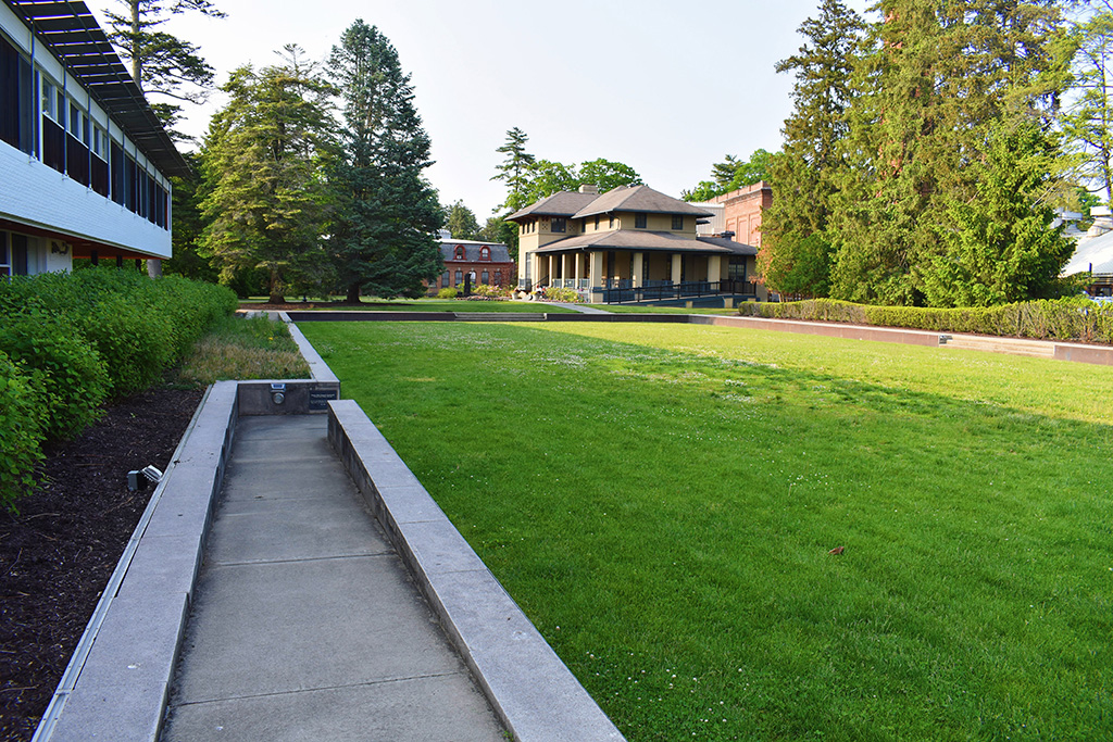 A long, recessed, green lawn with ramp access in each corner, bordered by bushes and trees.