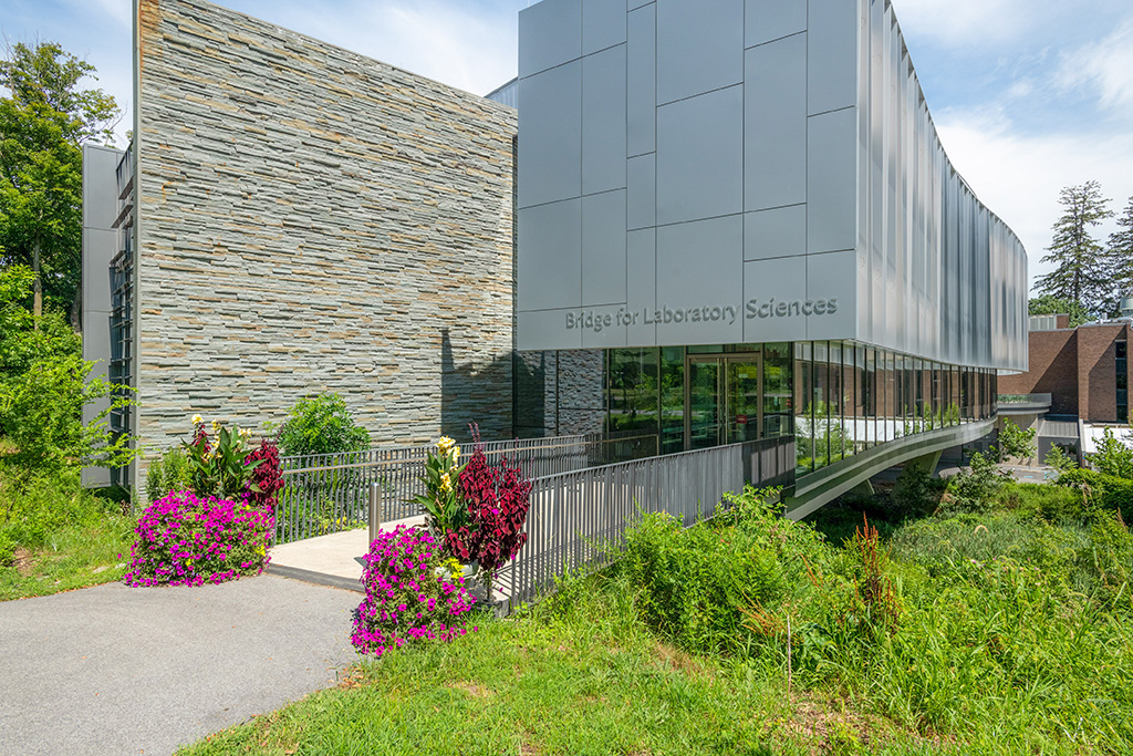 Exterior view of the Bridge for Laboratory Sciences building, featuring a modern design with large glass windows and sleek metallic panels. The building extends over a landscaped area with vibrant flowers in planters along the walkway, under a partly cloudy blue sky.