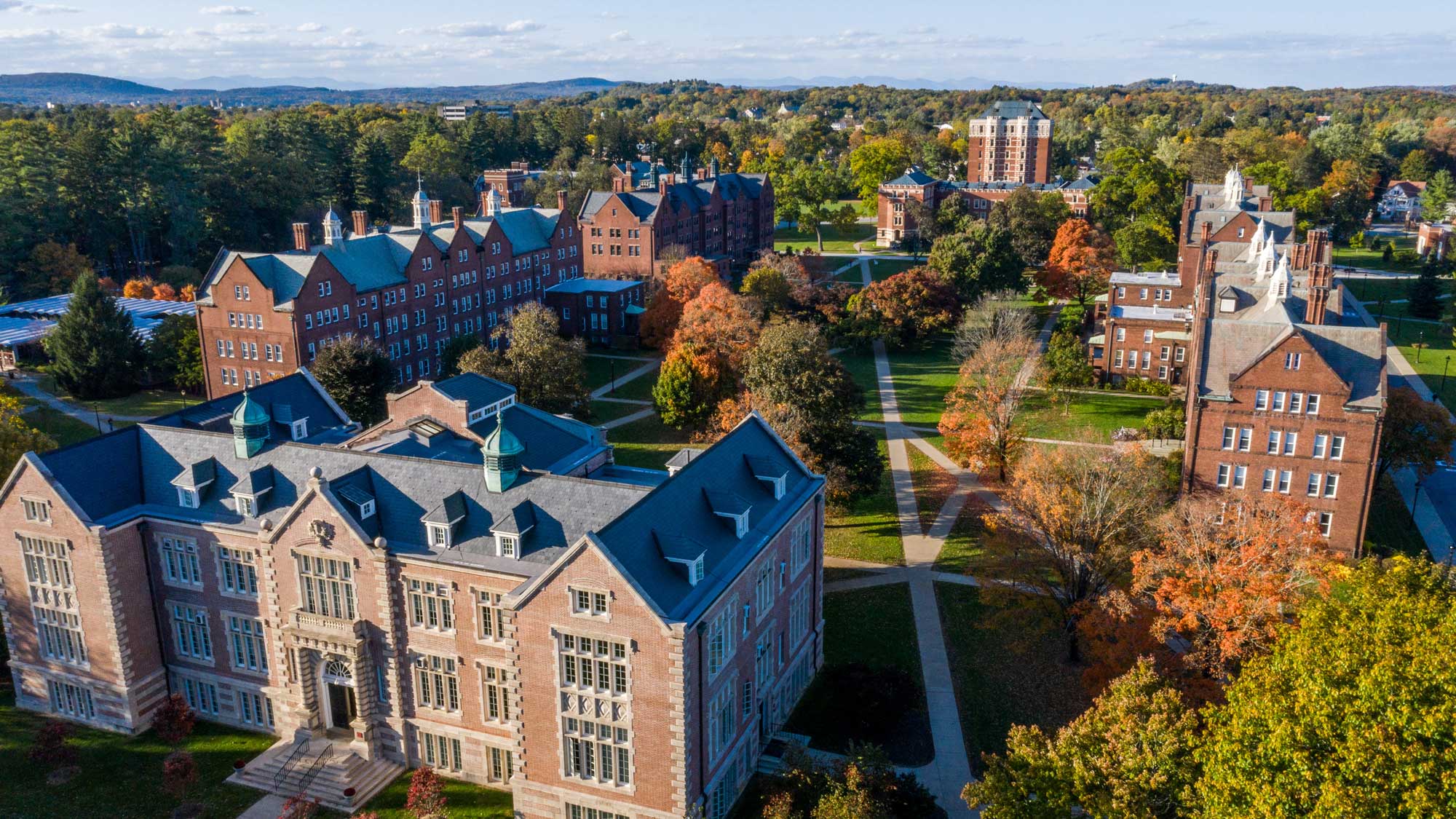 Aerial view of a college campus in fall.