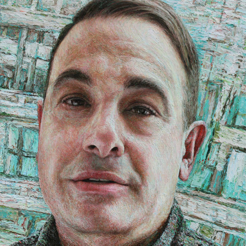 Oil portrait of a seated man in a gray shirt, rendered with layered, textured marks.