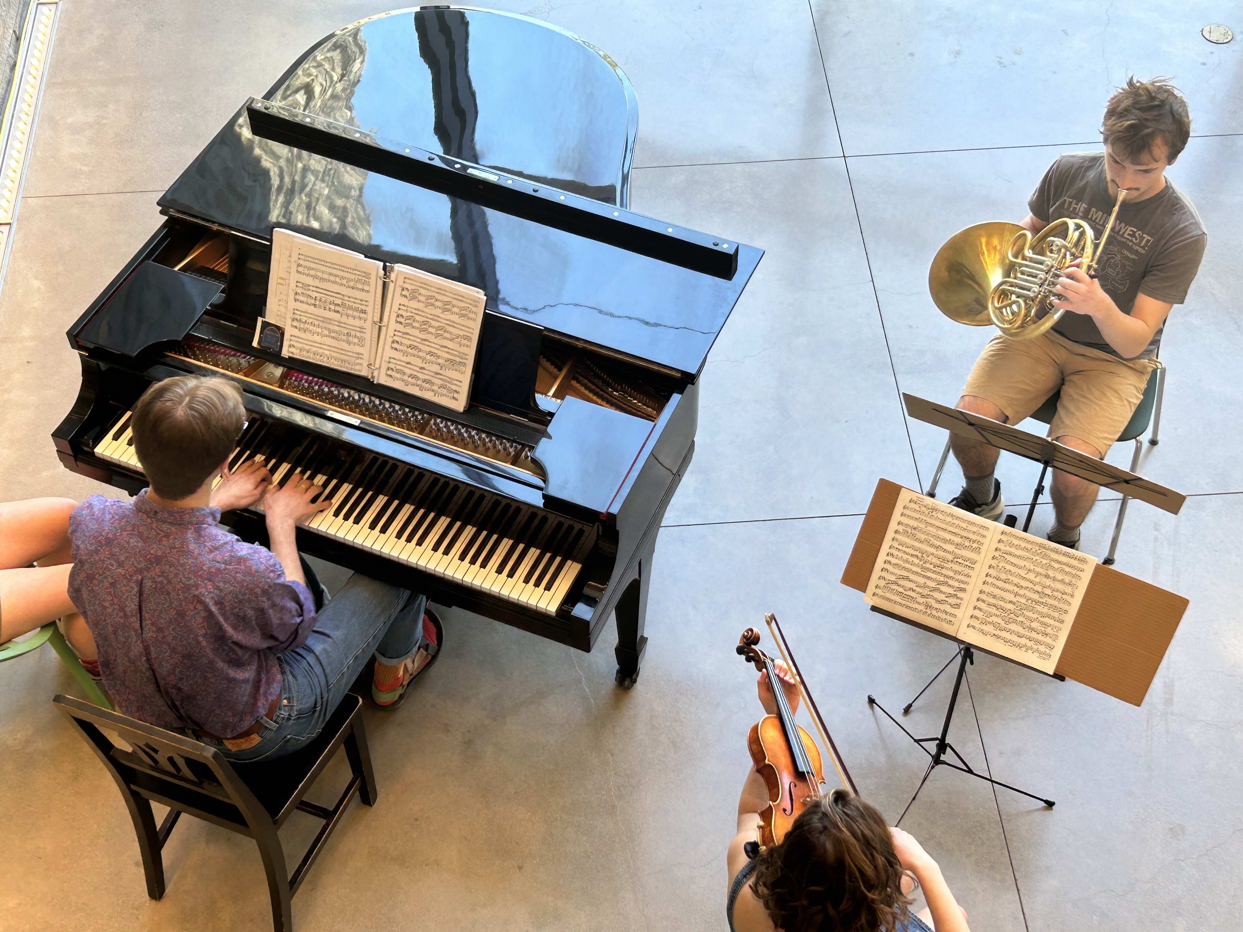 Photo of Chamber Music players in the Bridge for Laboratory Sciences Photo Credit: Eric Hepp.