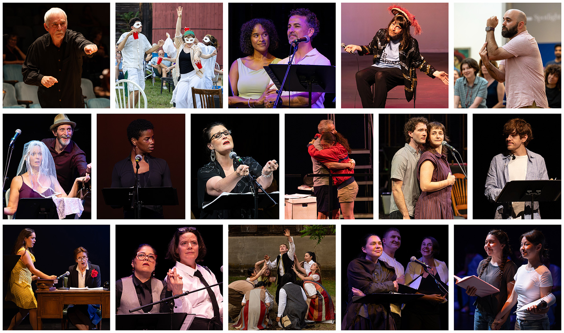 Collage of actors performing in theatrical productions, staged readings, and outdoor performances.
