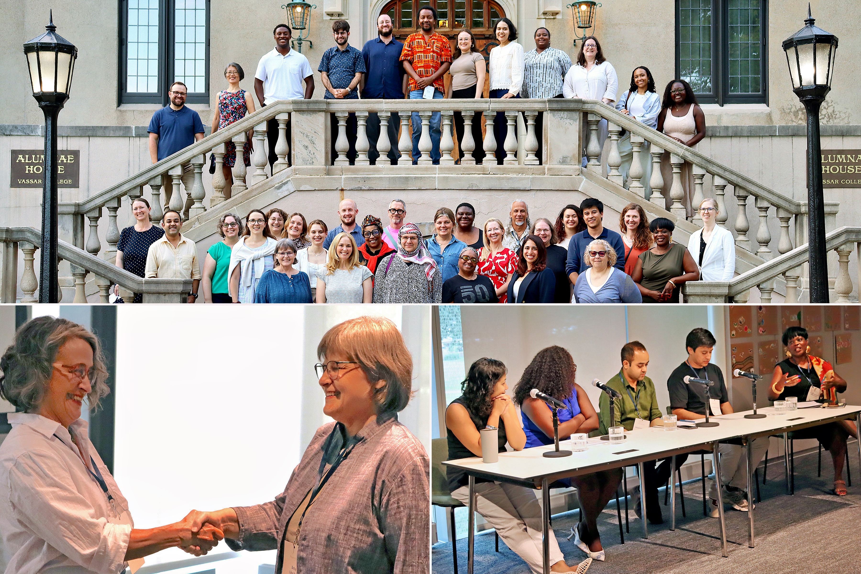 A collage featuring a group shot on the steps of Alumnae House and candid shots from the conference.