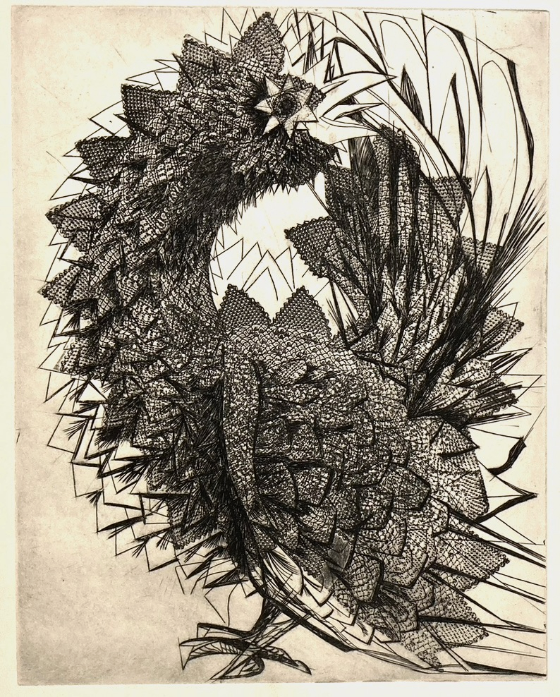 Print of a hen with stylized triangular feathers with the texture of lace.