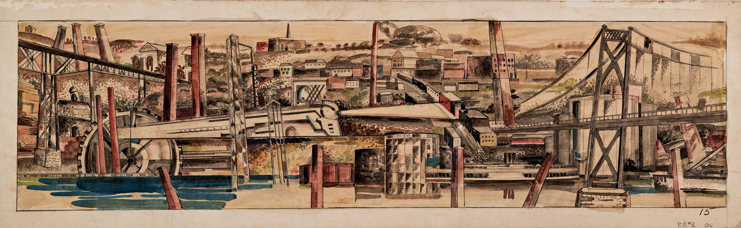 View of Poughkeepsie by Thomas Weeks Barrett Jr., a panoramic painting of an industrial riverfront featuring factories, smokestacks, bridges, and waterfront buildings along the Hudson River in Poughkeepsie.