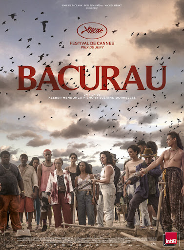Illustrated Bacurau film poster featuring a group of characters, several holding weapons, beneath a sky filled with birds.