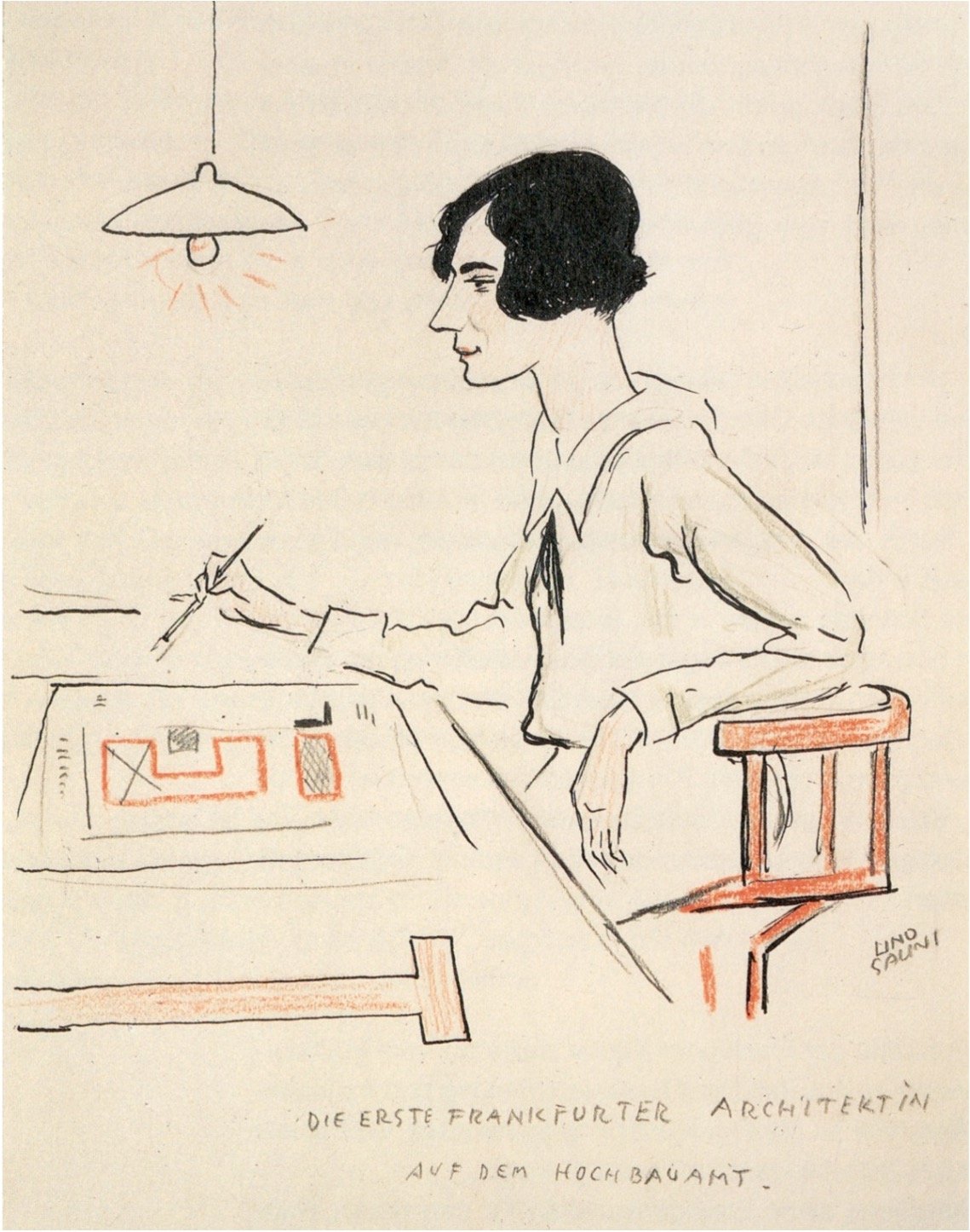 1927 sketch of Margarete Schütte-Lihotzky by Lino Salini. Black-and-white profile sketch of a seated person.