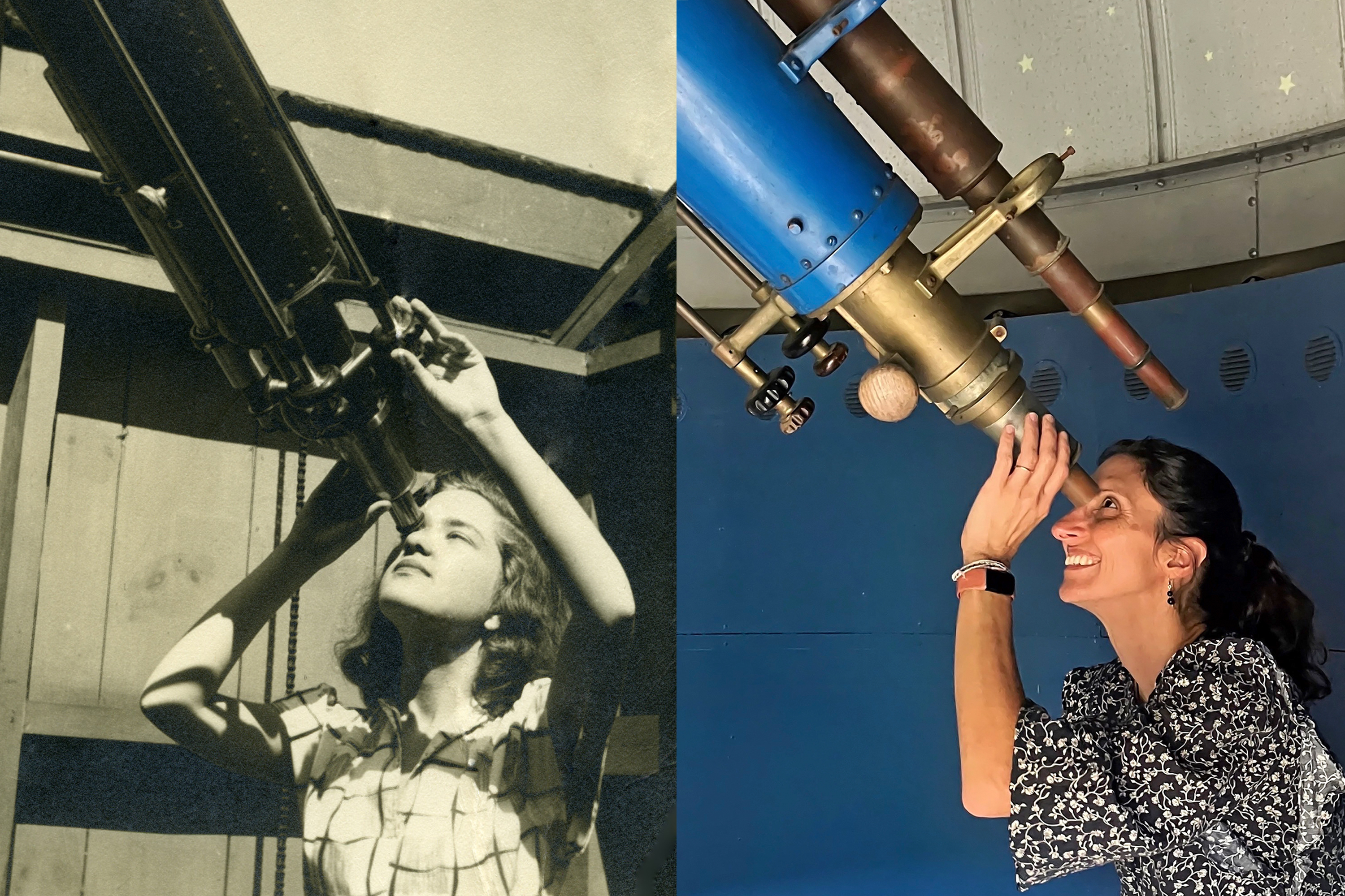 Side-by-side photos, one historic and one modern, of two people looking through telescopes.