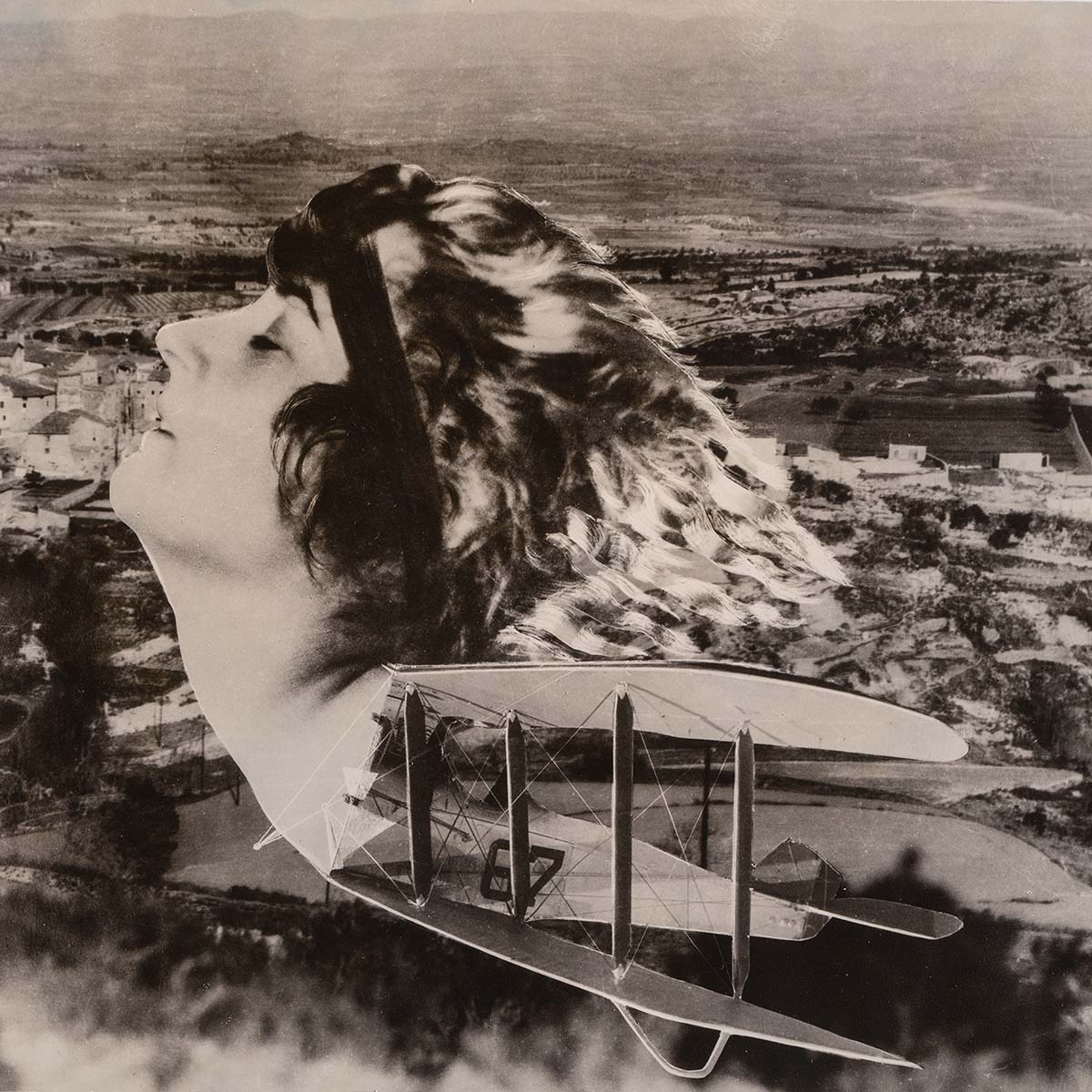 Desig de Vol (Desire for Flight) by Pere Català i Pic - A vintage black-and-white photomontage featuring a woman's head tilted back with eyes closed and windblown hair, seamlessly integrated into the wings of a biplane numbered "67," flying high above a rural landscape.