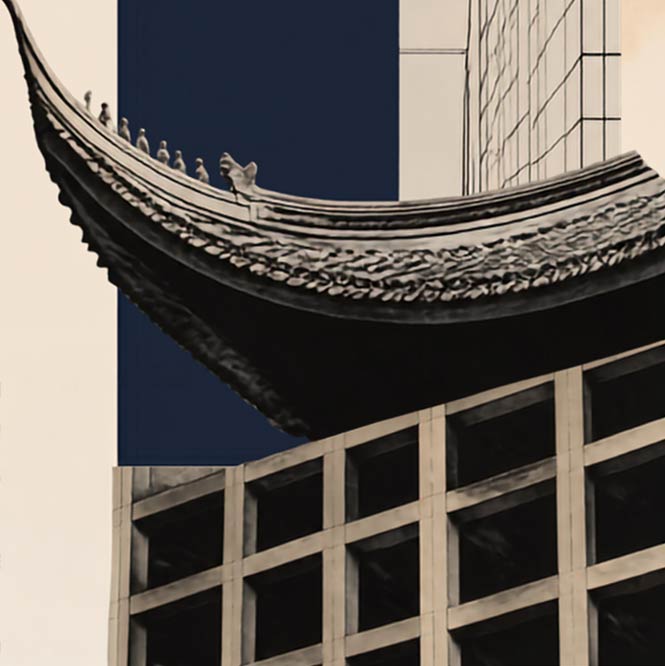 Architectural collage combining the ornate, upturned roofline of a traditional East Asian building with modern grid-patterned and glass skyscraper structures against a dark blue and off-white background.