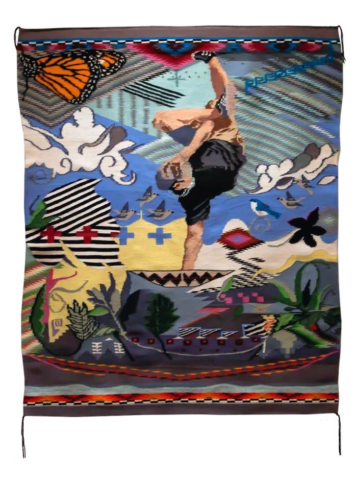 A woven tapestry of a dancing figure against a colorful patterned background.
