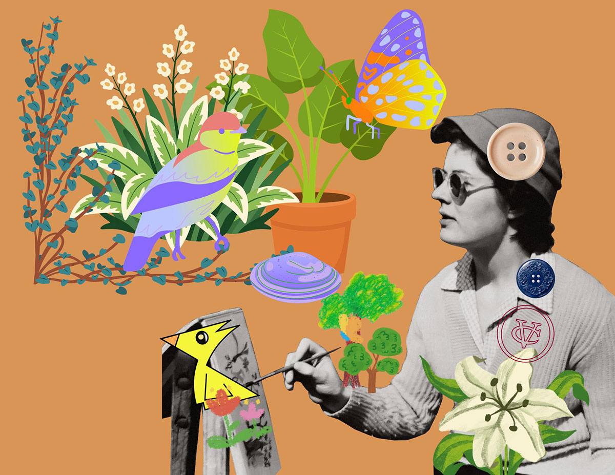 Digital art collage on a warm terracotta background featuring a monochrome photo of a woman in sunglasses painting a yellow bird at an easel. Brightly colored illustrations surround her, including a multi-toned bird in foliage, a potted plant, a patterned blue-and-yellow butterfly, a white lily, and oversized buttons.