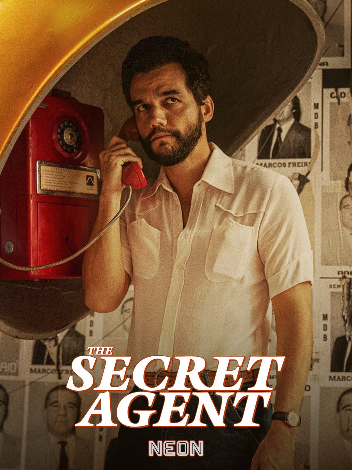 Movie poster of a person holding a payphone to their ear with text that reads: The Secret Agent, Neon.