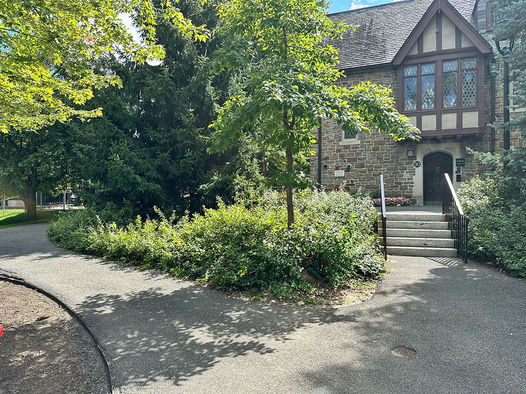 A ramp to the left of a set of stairs leading to the entrance to the Tudor-style building.