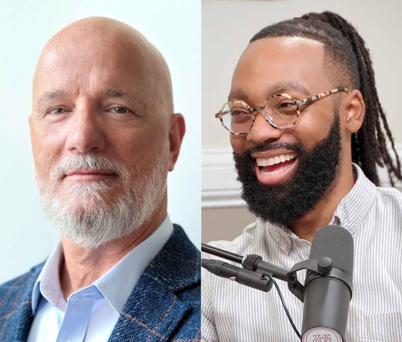 A composite photo of Bob Brigham, a person with a shaved head and gray beard; and Wesley Dixon a person with a black beard, long black hair, and glasses.