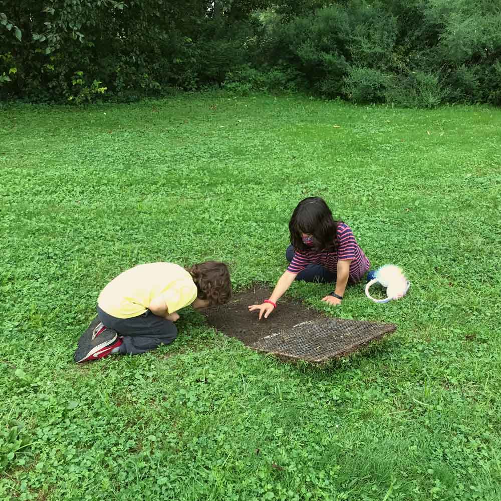 Two children looking at a door in a patch of grass that opens to reveal dirt.