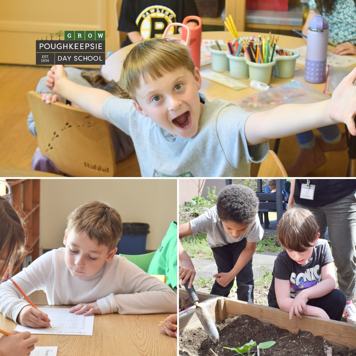 A grid of three photos that shows a child being excited in school, a child writing Spanish words, and two children planting seeds in a garden bed.