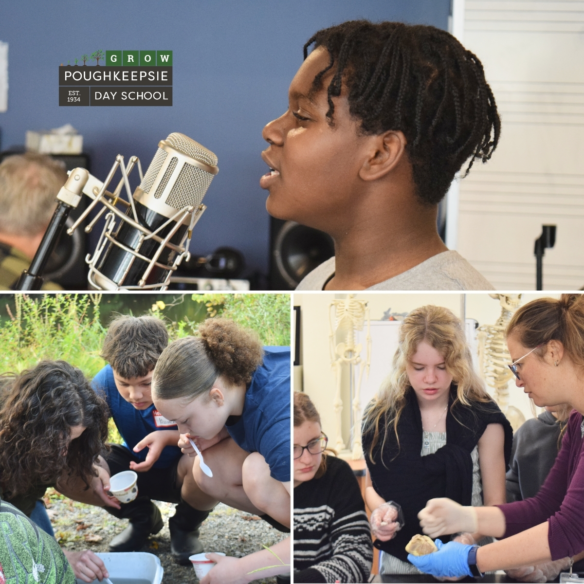 A grid of three photos that shows a child singing into a microphone, two children examining water samples at the Vassar Preserve, and a teacher showing two students the anatomy of a heart. 