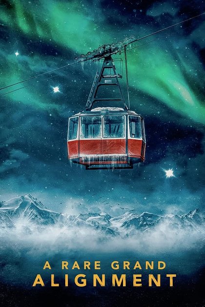 Illustrated red cable car suspended above snowy mountains beneath a starry sky and green northern lights, with the title “A Rare Grand Alignment.”