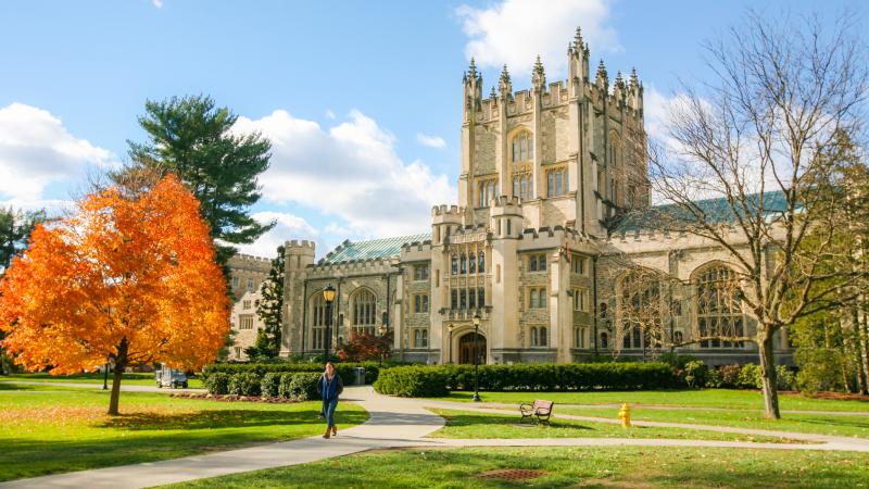 Photo of the library with fall foliage on trees