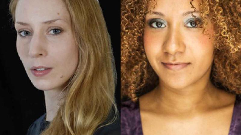 A square photo divided into two parts. On the left side is a photo portrait of a person with long, blonde hair, looking at the camera. On the right side is a photo of a person with a purple dress and brown, curly hair, looking at the camera.