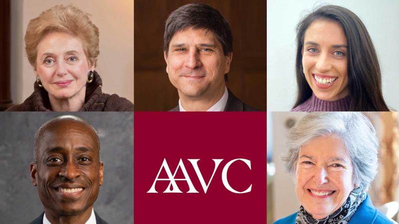 Photo collage of five headshot portraits and a graphic with text that reads: AAVC.