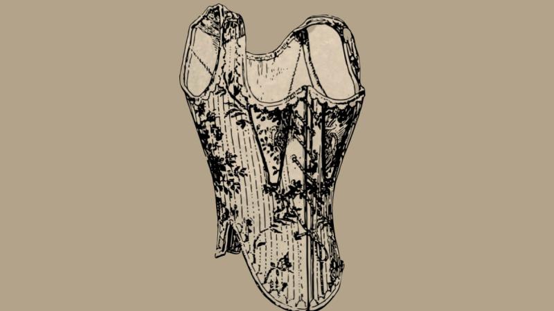 A black and white illustration of a corset with an ornate floral pattern.