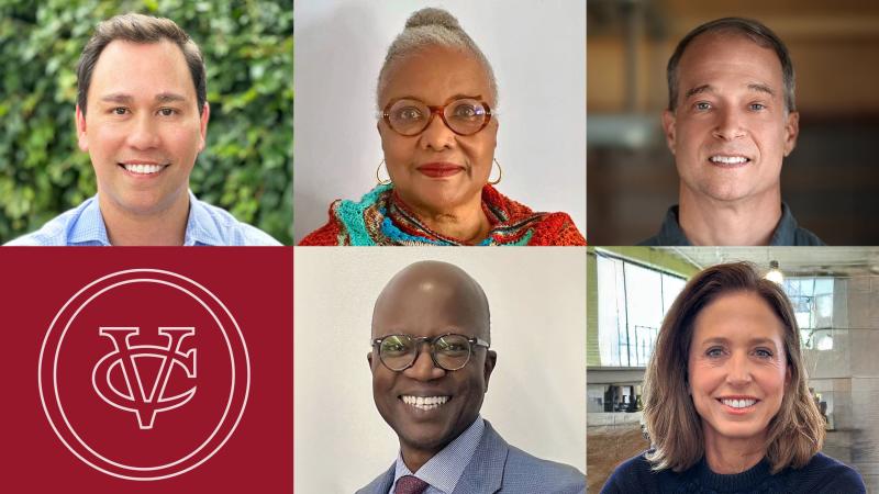  A six-part photo collage of five smiling individuals and one section with a red background and a logo. The five portraits show people in varying attire against diverse backgrounds, including foliage, plain walls, and an industrial interior.