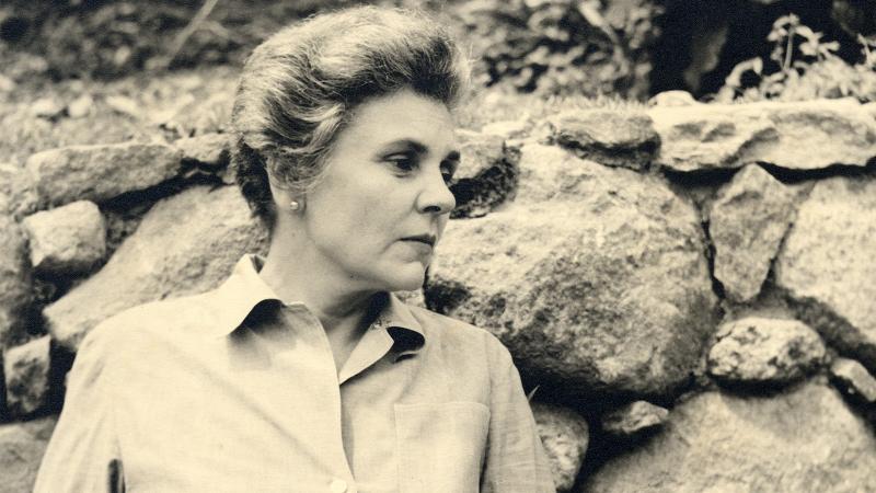 A person in profile leaning against a wall of rock.