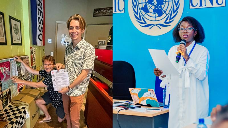 Collage: On left a Vassar student working with children in a classroom. At right a woman in a lab coat holding a microphone.