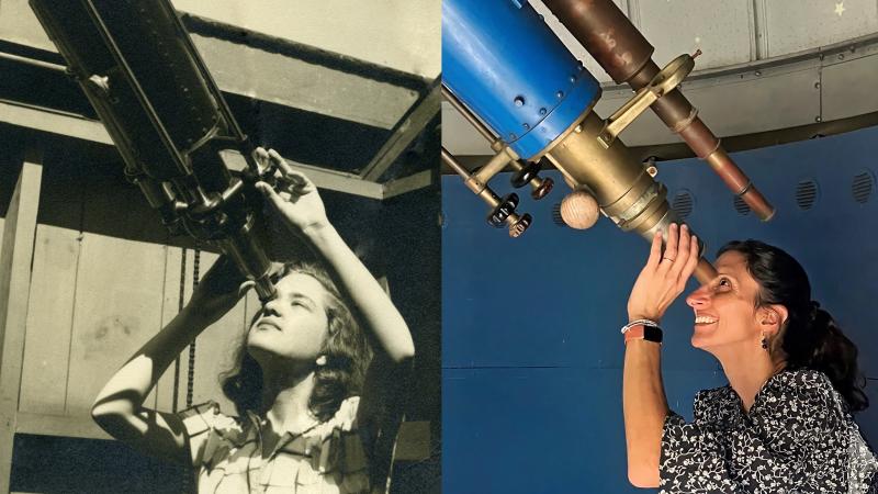 Side-by-side photos, one historic and one modern, of two people looking through telescopes.