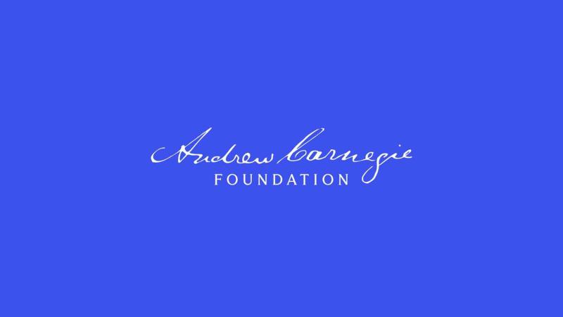 Blue field with white text that reads: Andrew Carnegie Foundation.