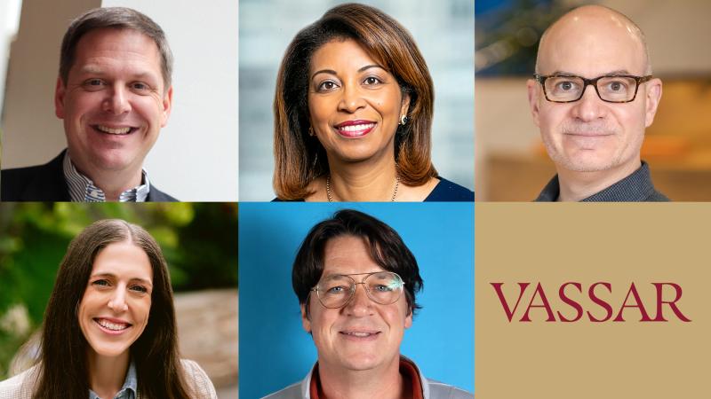 Photo collage with five headshots of people with a Vassar wordmark.