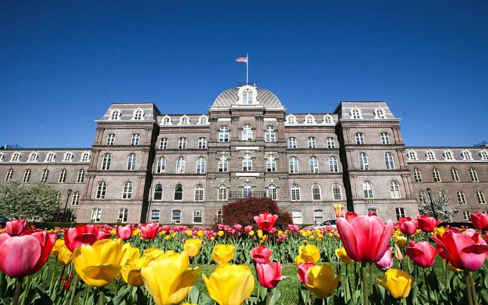 Main Building with tulips in springtime