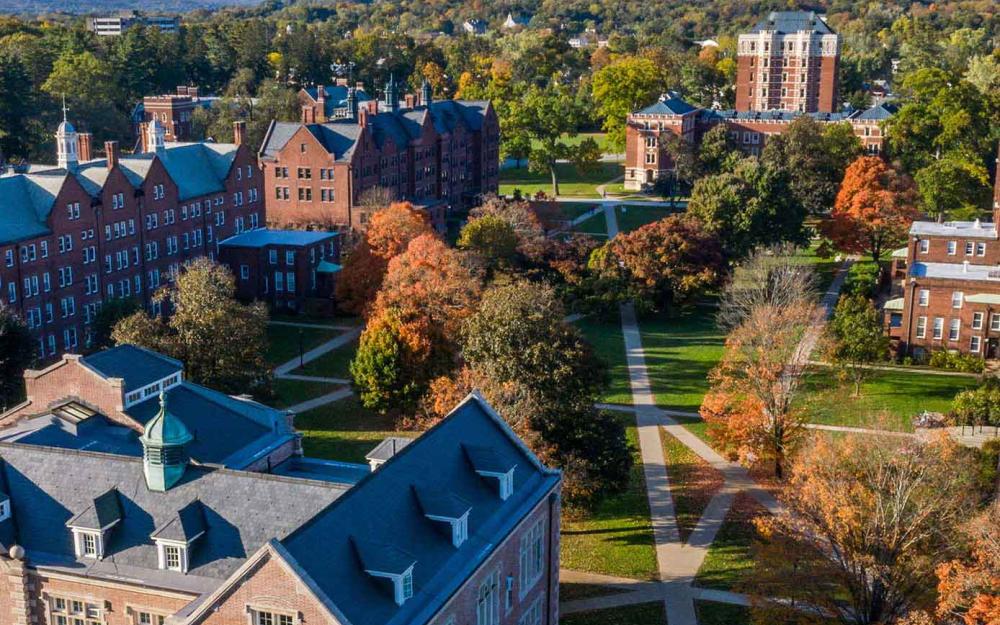 Aerial view of the residential quad of buildings on Vassar campus.
