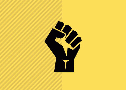 A black logo of a clenched fist, placed on a yellow background