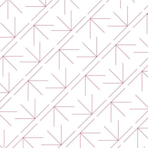 A square pattern with repeating diagonal red arrowheads pointing offset at one another on a white field