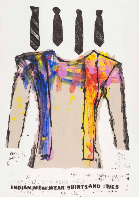 Jaune Quick-To-See Smith (American, Flathead Nation, Salish Tribe, b. 1940), <em>Indian Men Wear Shirts and Ties, Indian People Wear Shoes and Socks</em>, 1997. Lithograph with dyed paper pulp on two sheets of handmade paper (diptych). 
